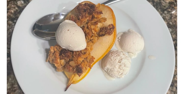 Poached Pear with Gluten-Free Crumble & Vegan Ice Cream
