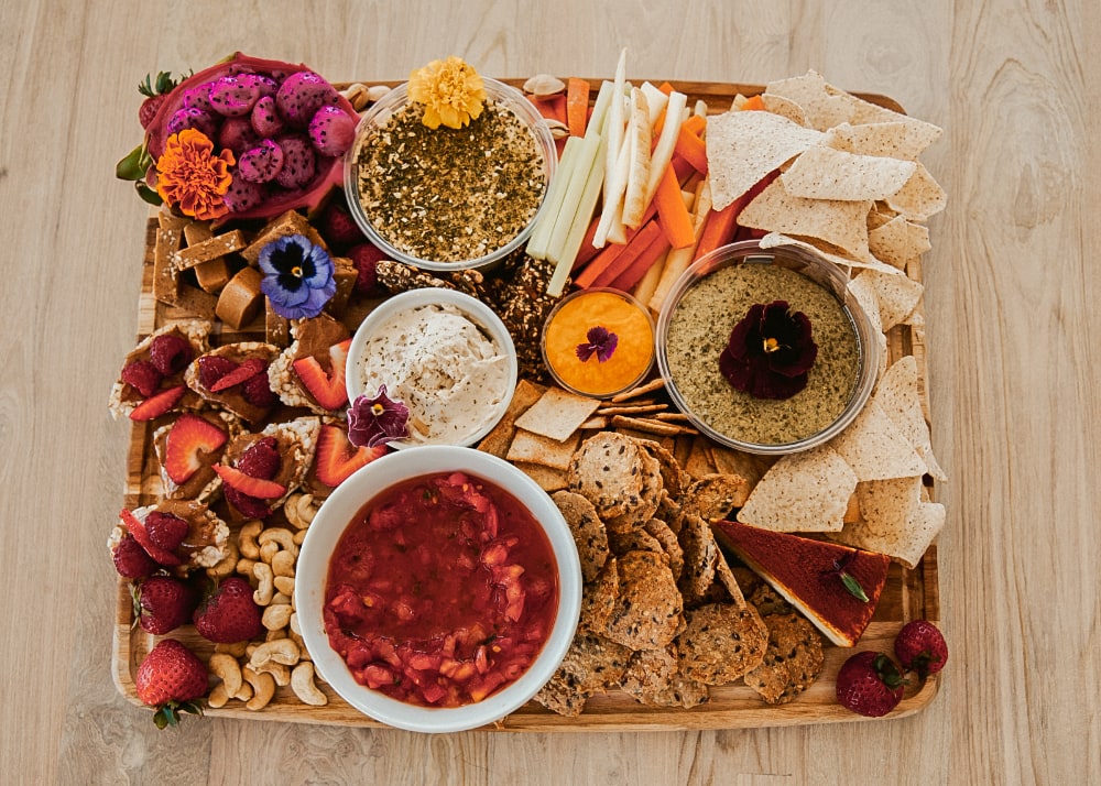 healthy snacks on a tray with flowers