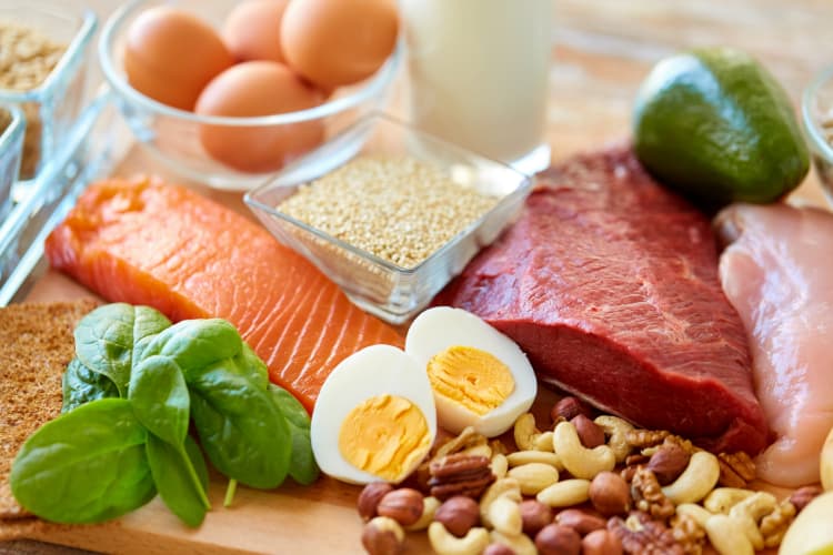 salmon, nuts, beef, protein sources