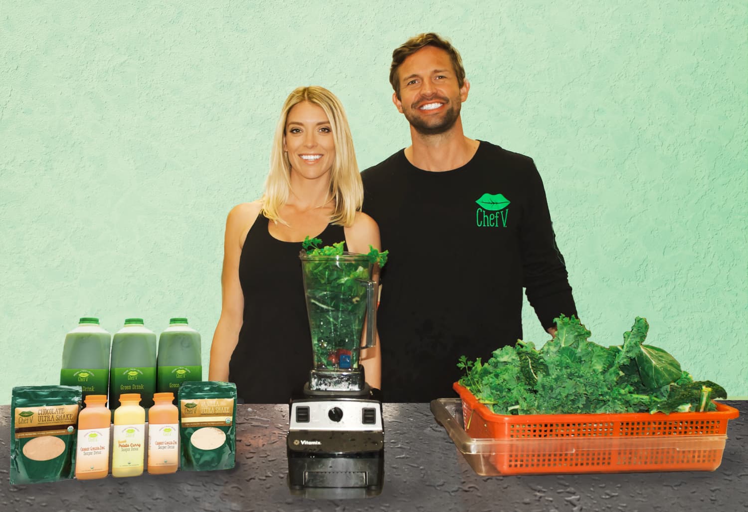 Veronica and Brandon with product, kale, and blender